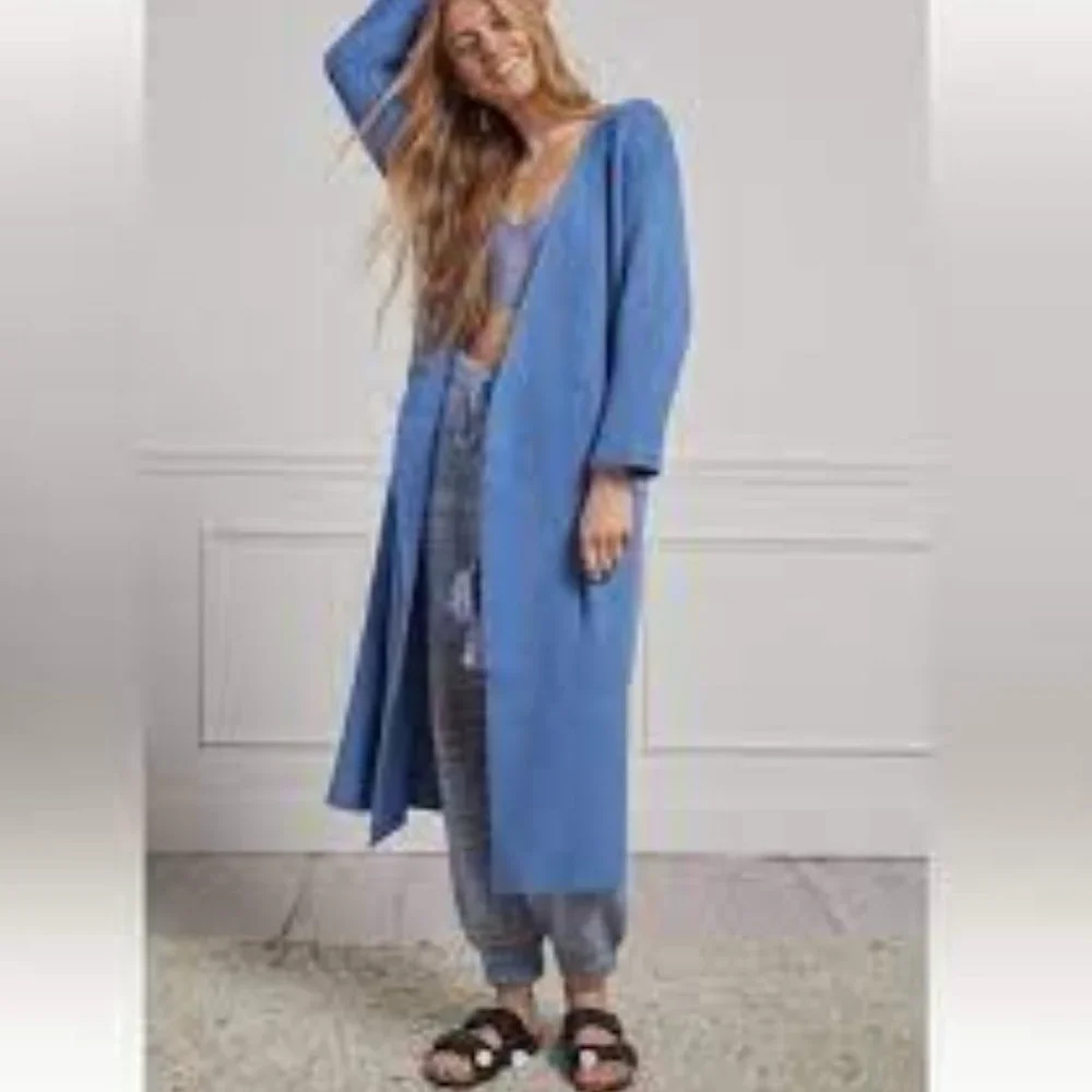 AMADI Anthropologie Long Sweater Cardigan Duster Rib Knit Blue size S - Picture 2 of 13